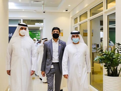 From left: Ahmad Julphar, Dr. Faisel Ikram and Dr. Omar Al Muthanna, CEO of CDA at the Pakistan Medical Centre on Saturday.