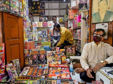 A firecrackers shop, ahead of the Diwali festival, near Jama Masjid in old Delhi, Friday, Nov. 6, 2020. The Delhi Government has announced ban on burning of firecrackers, including those branded ‘green’, between November 7 and 30 in the view of rising air pollution.