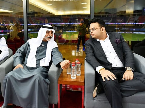 Sheikh Nahyan Bin Mubarak Al Nahyan, UAE Minister of Tolerance and Coexistence, has a chat with Jay Shah, the BCCI secretary, during the IPL 2020 final in Dubai.