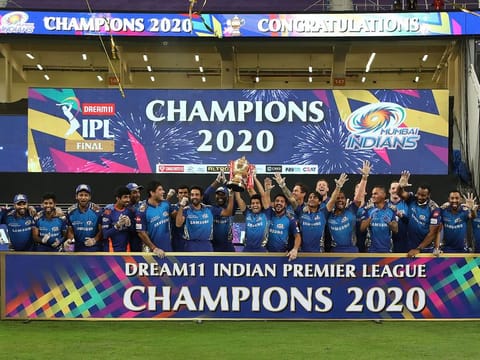 File photo: Mumbai Indians squad celebrates with the trophy of Indian Premier League (IPL) 2020 at the Dubai International Cricket Stadium, on Tuesday 10th November 2020.