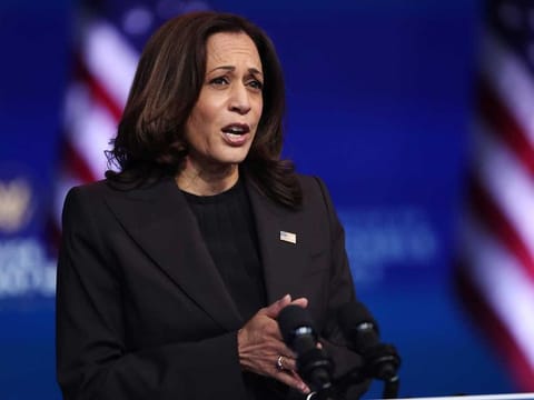 Kamala Harris addresses the media about the Trump Administration’s lawsuit to overturn the Affordable Care Act on November 10, 2020 at the Queen Theatre in Wilmington, Delaware.