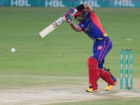 Karachi King's Babar Azam plays a shot during the Pakistan Super League (PSL) final match against Lahore Qalandars at the National Stadium in Karachi on November 17, 2020.