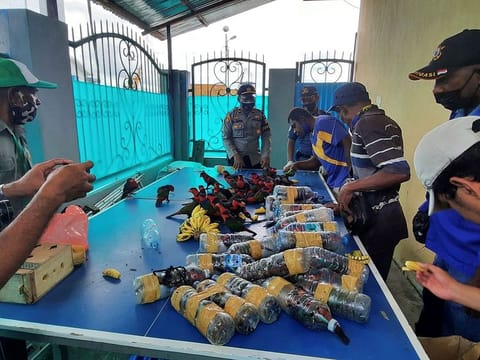Officials freeing dozens of parrots after they were found stuffed in plastic water bottles on a ship docked in Fakfak in Indonesia’s West Papua region.