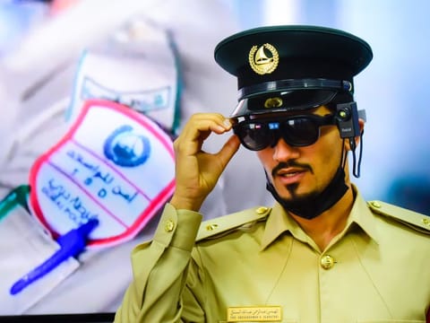 An official demonstrates a smart safety equipment used by Dubai Police's Transport Security Department at Hamdan Smart Station and Simulation Training.