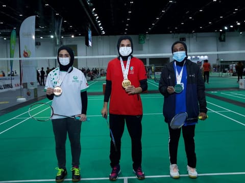 Mona Al Sahlawi and Nafeesah Sara Siraj, winners of badminton competition in Emirati category of Sheikha Hind Sports Tournament.