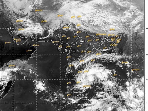 In this India Meteorological Department (IMD) released satellite image captured on Monday, Nov. 23, 2020, a depression is seen over the Bay of Bengal that is likely to intensify into a cyclonic storm by Tuesday and cross the coast as a severe cyclonic storm a day after.