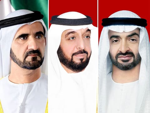 President His Highness Sheikh Khalifa bin Zayed Al Nahyan (centre), His Highness Sheikh Mohammed bin Rashid Al Maktoum (left), Vice-President and Prime Minister of the UAE and Ruler of Dubai, and His Highness Sheikh Mohamed bin Zayed Al Nahyan, Crown Prince of Abu Dhabi and Deputy Supreme Commander of the UAE Armed Forces.