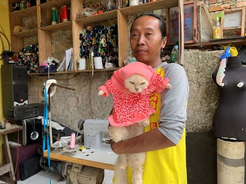 Fredi Lugina Priadi holds his cat wearing a cosplay costume in Bogor, on the outskirts of Jakarta.