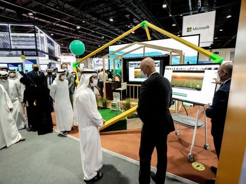 Sayed Hashish, General Manager, Microsoft UAE welcomes Sheikh Hamdan bin Mohammed bin Rashid Al Maktoum, Dubai Crown Prince and Chairman of The Executive Council of Dubai at the Gitex Microsoft Hub