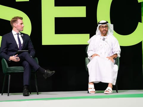 Dan Murphy, Correspondent, CNBC in conversation with Dr. Mohammad Hamad Al-Kuwaiti, Head of Cyber Security, United Arab Emirates during a session "AI Resiliency During the Cyber Pandemic Era" on the opening day of Gitex Technology Week at Dubai World Trade Centre on Sunday.