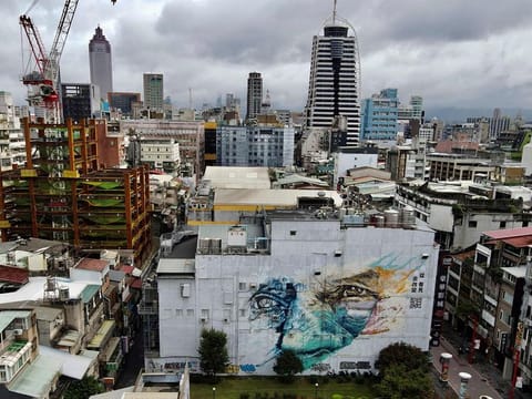 An aerial view shows a graffiti building at the Taipei Cinema Park on December 10, 2020.
