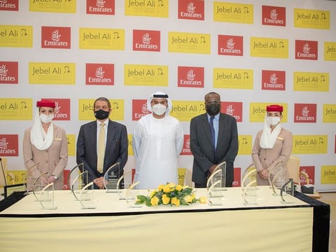 Sheikh Rashid Bin Jamal bin Khalifa Al Maktoum, Emirates Sales Manager, with Shareef Al Halawani, Jebel Ali Racecourse General Manager and Yasir Mabrouk, ERA representative.