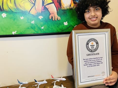 12-year-old Indian Siddhant Gumber with his Guinness World Record certificate in Abu Dhabi.