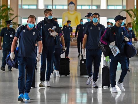 England’s cricket team arrive at the Rajapaksa international airport in Mattala on January 3, 2021.