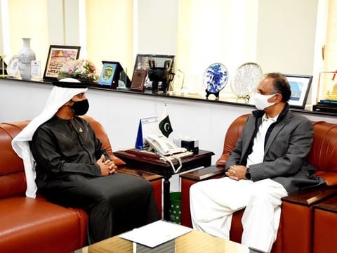 UAE Ambassador Hamad Obaid Alzaabi meets Pakistan's Energy Minister Omar Ayub Khan to discusses bilateral ties and collaboration in energy sector.