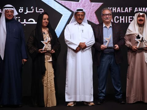 (From left) Dr Aref Al Sheikh, Dr. Rafia Ghubash, Khalaf Ahmad Al Habtoor, Ibrahim Eissa and Ahmad Al-Jarallah at Habtoor Palace in Dubai on Tuesday.