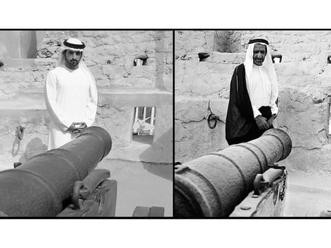 Sheikh Hamdan posted a throwback picture of Sheikh Rashid bin Saeed Al Maktoum, founder of Dubai, next to a canon side by side with a picture of himself in the same spot.