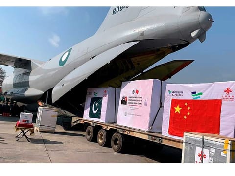 In this photo provided by Pakistan Ministry of Health, boxes of the Chinese Sinopharm vaccine for COVID-19 are unloaded from a Pakistan Air Force plane on arrival at Nur Khan Airbase, in Rawalpindi, Pakistan, Monday, Feb. 1, 2021.