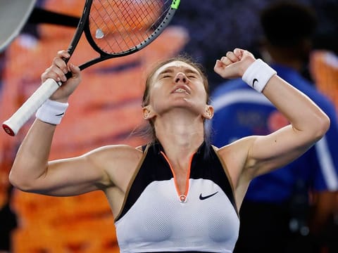 Simona Halep celebrates her win at the Australian Open against Ajla Tomljanovic