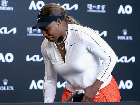 Serena Williams, former world No.1, of the US gets emotional at a press conference after losing her women's semi-final against Japan's Naomi Osaka in Melbourne on Thursday.