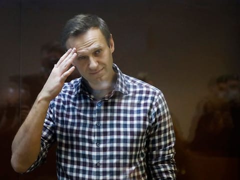 Russian opposition leader Alexei Navalny stands in a glass cage in the Babuskinsky District Court in Moscow, on February 20, 2021.