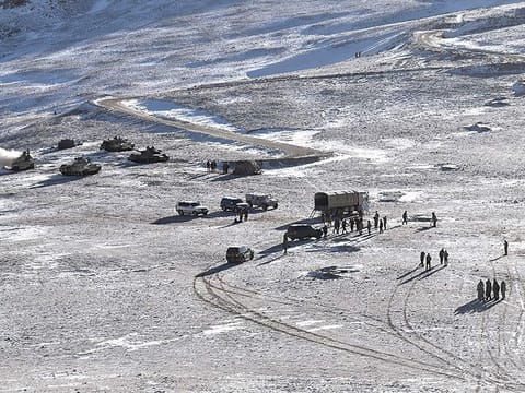 People Liberation Army (PLA) soldiers and tanks during military disengagement along the Line of Actual Control (LAC) at the India-China border in Ladakh.