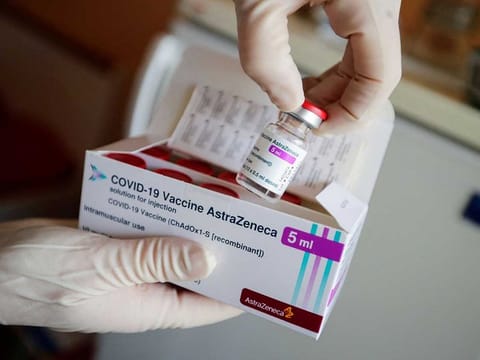 A nurse shows a package of the Astrazeneca coronavirus (COVID-19) vaccine at a doctor's surgery in Senftenberg, Brandenburg, eastern Germany, on March 3, 2021, where the first vaccinations are given in doctors' surgeries.
