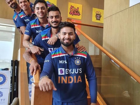 Youth power: (from top) Hardik Pandya, Navdeep Saini, Ishan Kishan, Axar Patel and Rishabh Pant pose during a photocall with their white ball gear on Wednesday.