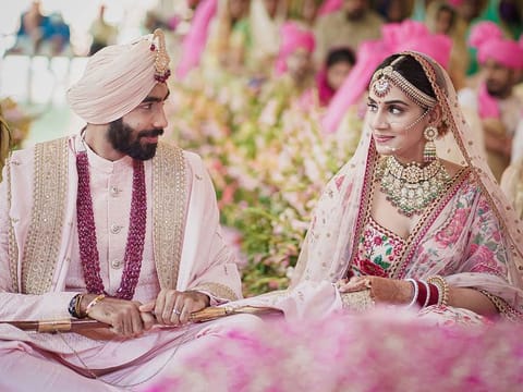Jasprit Bumrah and Sanjana Ganesan on their wedding day