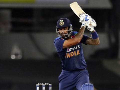 India’s Suryakumar Yadav drives during the fourth T20 match against England at the Narendra Modi Stadium in Ahmedabad on March 18,2021.
