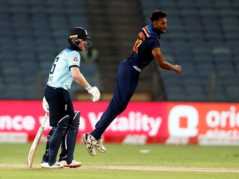 Debutant paceman Prasidh Krishna celebrates the fall of Ben Stokes' wicket in the first ODI in Pune on Tuesday.