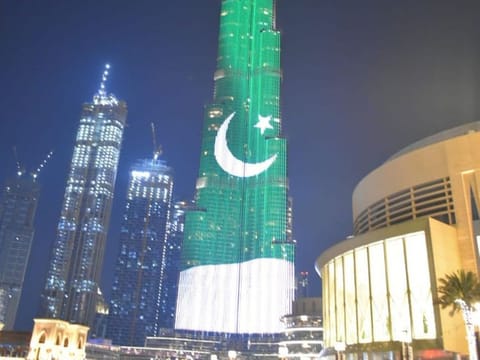 An image of the national flag of Pakistan created on Burj Khalifa in Dubai on the occasion of Pakistan Day on Tuesday.