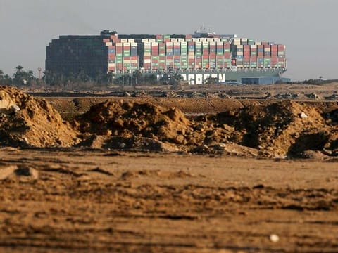 Stranded container ship Ever Given, one of the world's largest container ships, is seen after it ran aground, in Suez Canal, Egypt March 26, 2021.