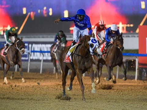 Mystic Guide, ridden by Luis Saez and trained by Michael Stidham, wins the $12 Million Dubai World Cup at Meydan racecourse.