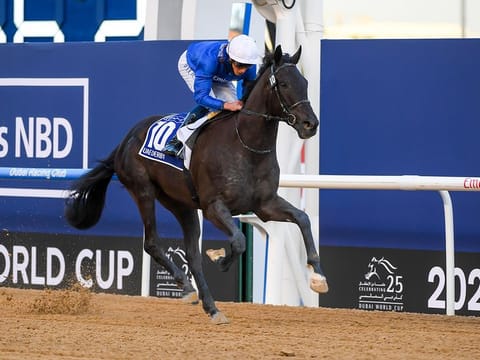 Rebel’s romance, ridden by jockey William Buick and trained by Charlie Appleby wins the UAE Derby race of 25th Dubai World Cup at Meydan racecourse on Saturday 27 March 2021.
