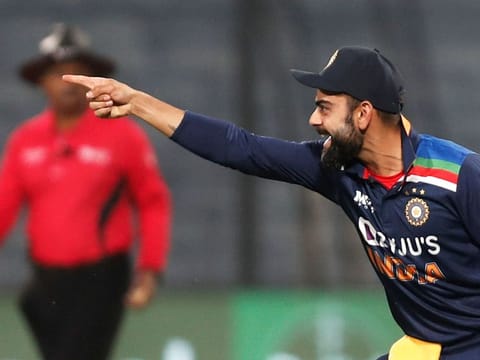 Indian captain Virat Kohli in action during the first One-Day International against England at the Maharashtra Cricket Association Stadium in Pune, India, on March 23, 2021.