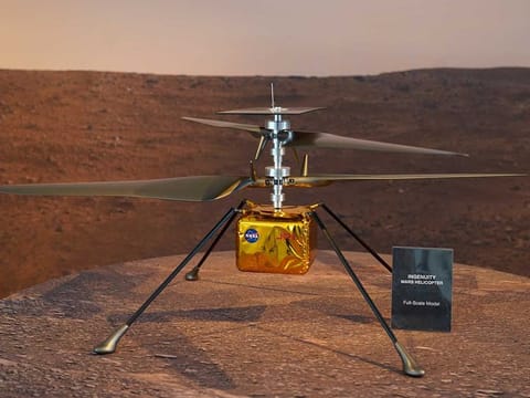 A full-scale model of the Ingenuity helicopter displayed for the media at NASA's Jet Propulsion Laboratory in Pasadena, Calif.