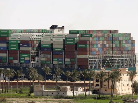 Ever Given, one of the world's largest container ships, after it was partially refloated, in Suez Canal, Egypt March 29.