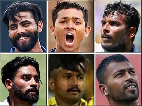 Clockwise from top left: Ravindra Jadeja, Yashasvi Jaiswal, T. Natarajan, Hardik Pandya, K.M. Asif and Mohammed Siraj