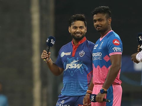 Sanju Samson (right) and Rishabh Pant, rival captains, during the toss at the Wankhede Stadium in Mumbai.