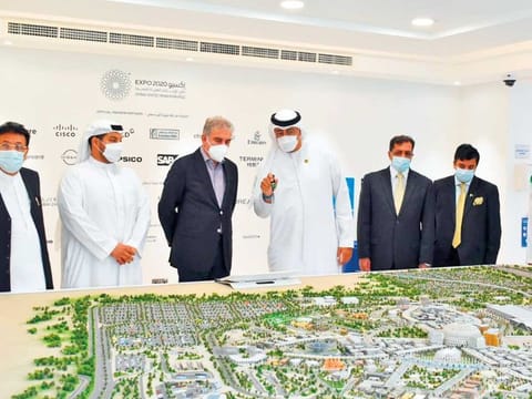 Pakistan Foreign Minister (third from left) during his visit to Expo 2020 Dubai site. Qureshi was briefed about Pakistan Pavilion during his tour.