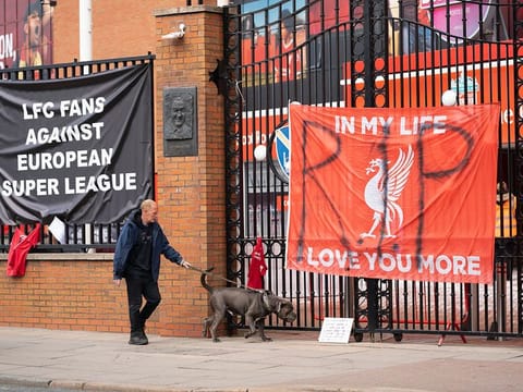 File picture: Banners are seen outside Liverpool's Anfield Stadium after the collapse of English involvement in the proposed European Super League.