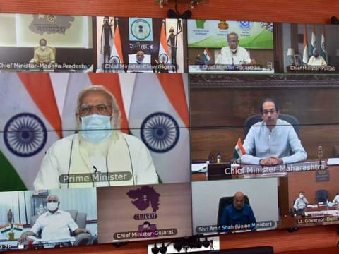 India's Prime Minister Narendra Modi holds a meeting with the chief ministers on the COVID-19 situation (File)