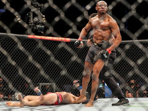 Kamaru Usman of Nigeria celebrates his victory over Jorge Masvidal of the United States during the Welterweight Title bout of UFC 261 at VyStar Veterans Memorial Arena on April 25, 2021 in Jacksonville, Florida.