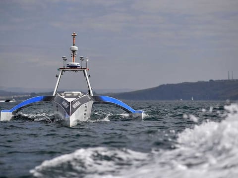 The Mayflower 400 autonomous trimaran is pictured during a sea trial in Plymouth, south west England on April 27, 2021. The autonomous ship is scheduled to embark on May 15 if weather is favourable and permission is granted by British authorities.