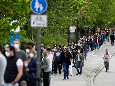 People queue at a vaccination centre in Ebersberg near Munich, Germany.