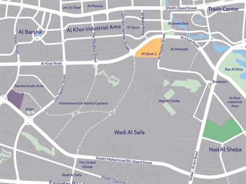 A map showing the residential areas in Dubai where the news roads will be constructed.