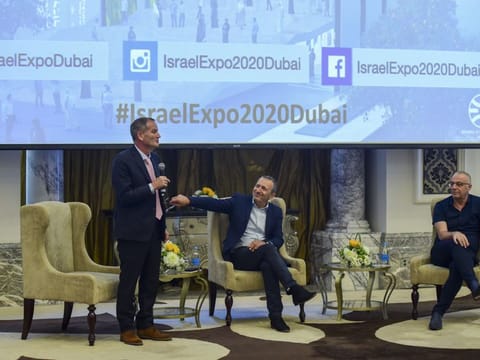 From left: Ilan Sztulman Starosta, Consul General of the Israeli Consulate in Dubai, Elazar Cohen, Commissioner General Israel Pavilion and Josh Bendit, Pavilion Director, address the media on Wednesday.