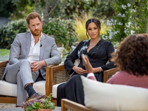 Britain's Prince Harry and Meghan, Duchess of Sussex, are interviewed by Oprah Winfrey in this undated handout photo.
