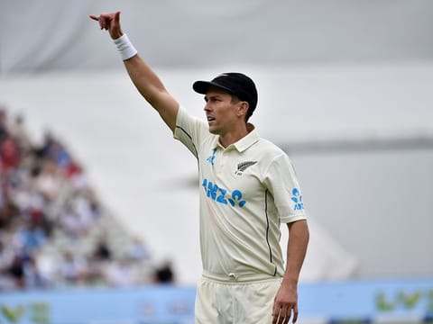 New Zealand's Trent Boult gestures to his teammates during the first day of the second cricket test match between England and New Zealand at Edgbaston in Birmingham, England, Thursday, June 10, 2021.